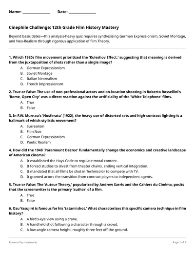 Cinephile Challenge: 12th Grade Film History Mastery Quiz - Free Medium ...