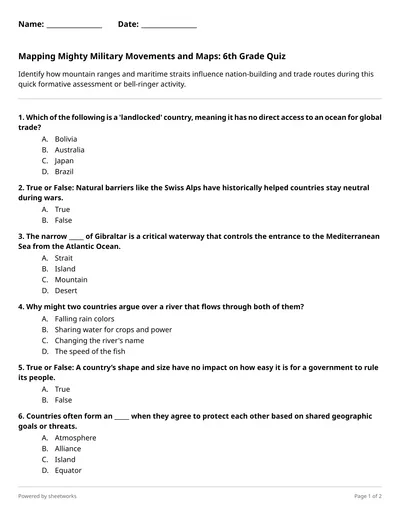 Mapping Mighty Military Movements and Maps: 6th Grade Quiz - Free Easy ...