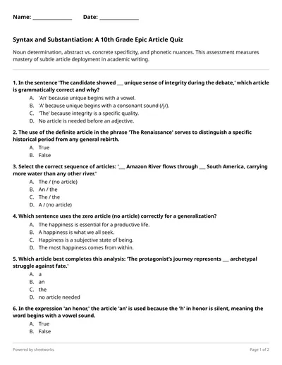 Syntax and Substantiation: A 10th Grade Epic Article Quiz - Free Medium ...