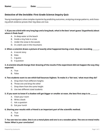 Detective of the Invisible: First Grade Science Inquiry Quiz (1st Grade ...