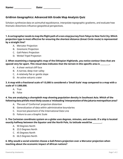 Gridiron Geographics: Advanced 6th Grade Map Analysis Quiz - Free Hard ...