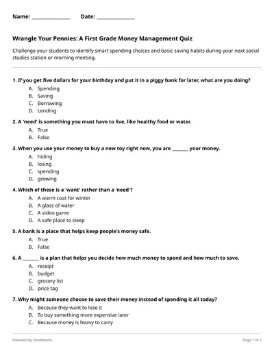 Wrangle Your Pennies: A First Grade Money Management Quiz (1st Grade ...