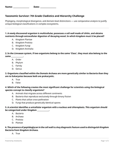Taxonomic Survivor: 7th Grade Cladistics and Hierarchy Challenge - Free ...