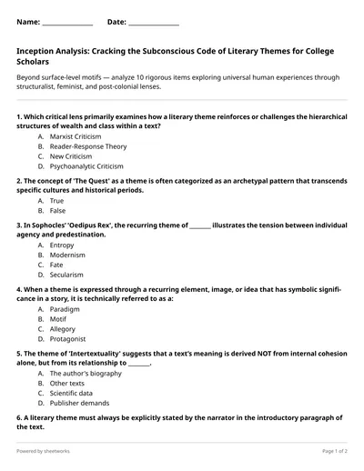 Literary Themes Worksheets | Sheetworks