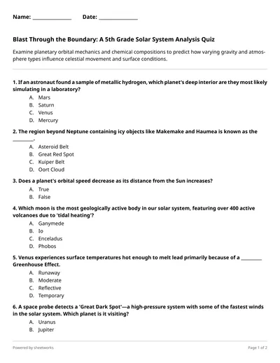Blast Through the Boundary: A 5th Grade Solar System Analysis Quiz ...