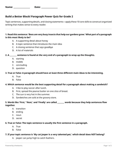 Build a Better Block! Paragraph Power Quiz for Grade 2 - Free Medium ...